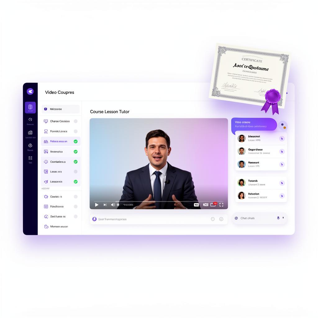 Reproductor del curso con tutor IA, certificados y panel de progreso